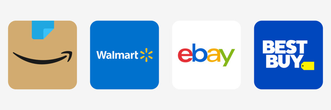 New Amazon logo. Walmart, eBay, BestBuy icons. Amazon icon 2021. Editorial vector. Online shopping platform. Rivne, Ukraine - March 3, 2021