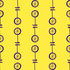 Funny transport seamless pattern with simple bicycle print elements. Bright yellow background. Hand drawn shapes.