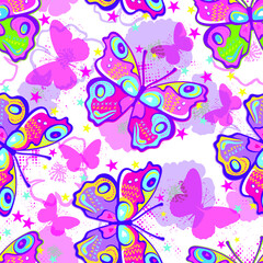 Naklejka na ściany i meble Seamless bright pattern with butterflies. Paints paint, hand drawn butterflies. Pattern for textiles, children's clothes, wrapping busakgi .. Girlish background