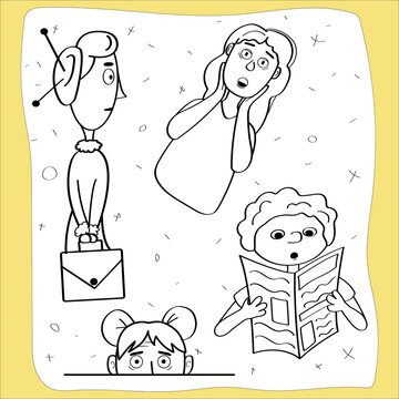 hand drawn illustration of a character. Personaje, shok, udivlenie, strax. People vector outline illustration isolated background