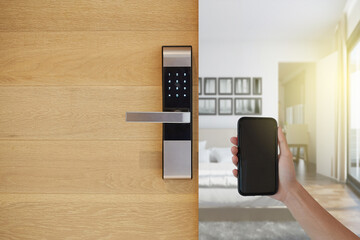 Hotel door security Unlocking by application on mobile phone. Digital door lock, keyless system of...