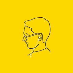 Man listen to music on headphones. Music therapy. Line art style.