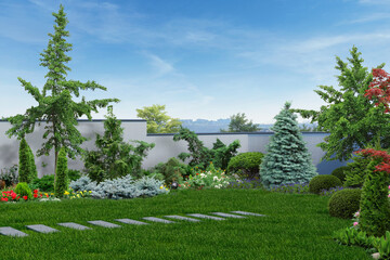 Modern backyard with oriental inspired background, 3D rendering