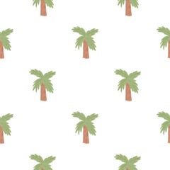 Isolated seamless hawaiian pattern with cartoon simple green and brown colored palm tree shapes.