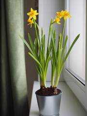Hello Spring. Beautiful Spring banner with fresh yellow daffodil flowers grow in pot on windowsill. Bouquet flowers in soft morning sunlight. Springtime home decor. Easter decoration. Copy space