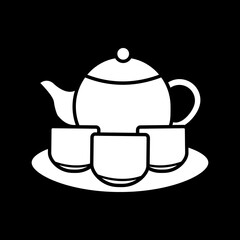 Tea set dark mode glyph icon. Serving drinks. Tea ceremony. Pitches and saucer, porcelain teacups and glassware. White silhouette symbol on black space. Vector isolated illustration