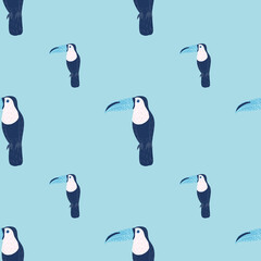 Obraz premium Jungle bird seamless pattern in doodle style with simple toucan shapes ornament. Blue palette bird print.