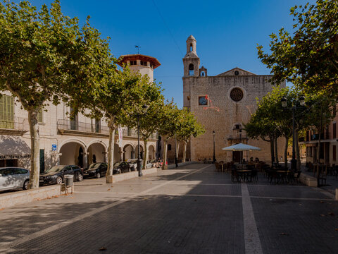 Church and main square in Alaro, majorca, spain