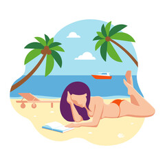 Girl in a swimsuit by the sea rests, sunbathes and reads a book. Flat design. Vector illustration