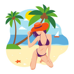 Girl in a bathing suit and hat under palm trees. Beautiful girl on the sand by the sea rests and sunbathes. Flat design. Vector illustration