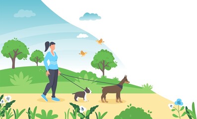 Woman is walking with a dog. Vector illustration in flat style dog walking girl in spring park.