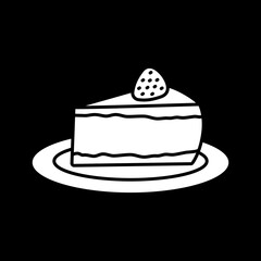 Cheesecake on plate dark mode glyph icon. Cake slice. Sweet dessert with strawberry. Cafe food. Delicious pastry treat. White silhouette symbol on black space. Vector isolated illustration