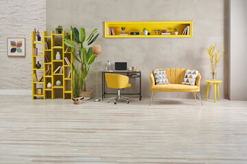 Grey and yellow home interior style, stone wall, furniture chair sofa decoration, niche, bookshelf and green vase of plant room.