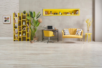 Grey and yellow home interior style, stone wall, furniture chair sofa decoration, niche, bookshelf...
