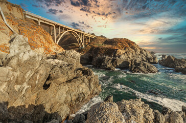 Bixby Creek Bridge on Highway One on the US West Coast heading south to Los Angeles, Big Sur,...