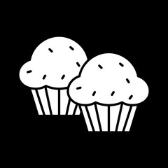 Muffins dark mode glyph icon. Sweet cupcakes with raisins. Dessert and pastry. Baked goods. Unhealthy fattening food. White silhouette symbol on black space. Vector isolated illustration