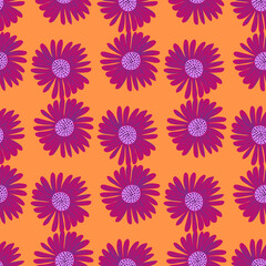 Fototapeta na wymiar Bright seamless botanic pattern with bright pink daisy flower elements. Orange background. Simple style.