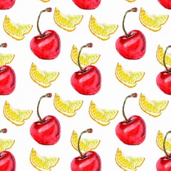 Seamless fruit pattern, watercolor hand drawing illustration. Apple and lemon wedges. Food design, fabric design