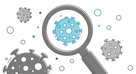 Flying virus molecules in the air.Finds a new strain of coronavirus.Blue virus under a magnifying glass.