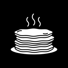 Stack of hot pancakes dark mode glyph icon. Serving breakfast food. Steaming warm meal. Diner menu. Serving lunch. White silhouette symbol on black space. Vector isolated illustration