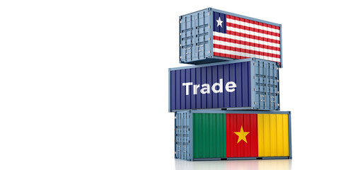 Freight containers with Liberia and Cameroon flag. 3D Rendering 