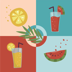 Two summer refreshing fruit cocktails. Non-alcoholic drinks in a simple glass glass and straw. Smoothie design and fresh fruit slices watermelon and orange. Healthy vegan food. vector flat
