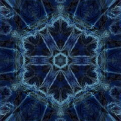 hexagonal patterns and floral fantasy designs in shades of blue on a black background