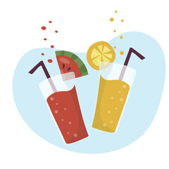 Two summer refreshing fruit cocktails. Non-alcoholic drinks in a simple glass glass and straw. Smoothie design and fresh fruit slices watermelon and orange. Healthy vegan food. vector flat
