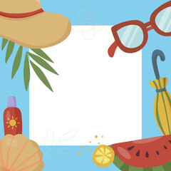 Square frame for with things for summer vacation and fruit. Palm leaves. Vacation and beach party concept. Background vector illustration