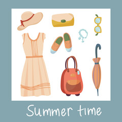 Summer Clothing Set. Beach Accessories. Vector items and things for vacation and travel, planning fashionable outfits and sets. Casual style. Simple flat illustration