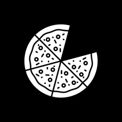 Pizza with slices dark mode glyph icon. Fast food delivery. Restaurant take out. Pizzeria take away. Eat unhealthy meal. White silhouette symbol on black space. Vector isolated illustration