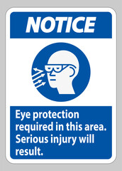 Notice Sign Eye Protection Required In This Area, Serious Injury Will Result