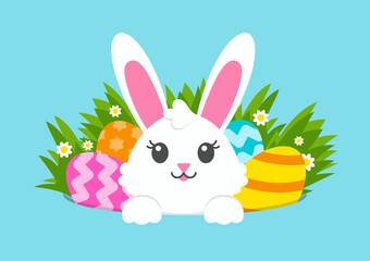 Happy Easter. Cheerful rabbit in a hole with painted eggs on the green grass. Colored flat vector illustration isolated on blue background. Cartoon character.