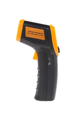 Yellow-black pyrometer isolated on white background. A device for non-contact temperature measurement.