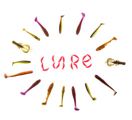 Lure text made from red silicone maggot bait. Lots of silicone baits around the lettering. Studio photo with isolated objects on a white background.