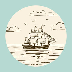 An old wooden ship sails on the sea. Hand drawn sketch. Vintage style. Brown vector illustration isolated on color background.
