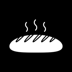 Hot bread dark mode glyph icon. Bakery product. Steaming bun. Fresh loaf for dinner. Grocery product, foodstuff. White silhouette symbol on black space. Vector isolated illustration