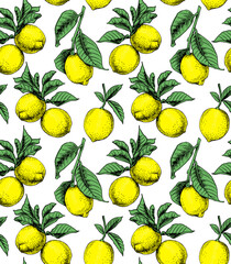 Seamless wallpaper pattern. Lemons with leaves. Textile composition, hand drawn style print. Vector illustration.