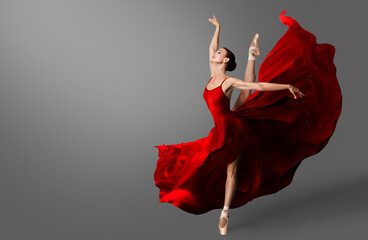 Ballerina Dance. Ballet Dancer in Red Dress jumping Spit. Woman in Ballerina Shoes dancing in Evening Silk Gown flying on Wind - obrazy, fototapety, plakaty