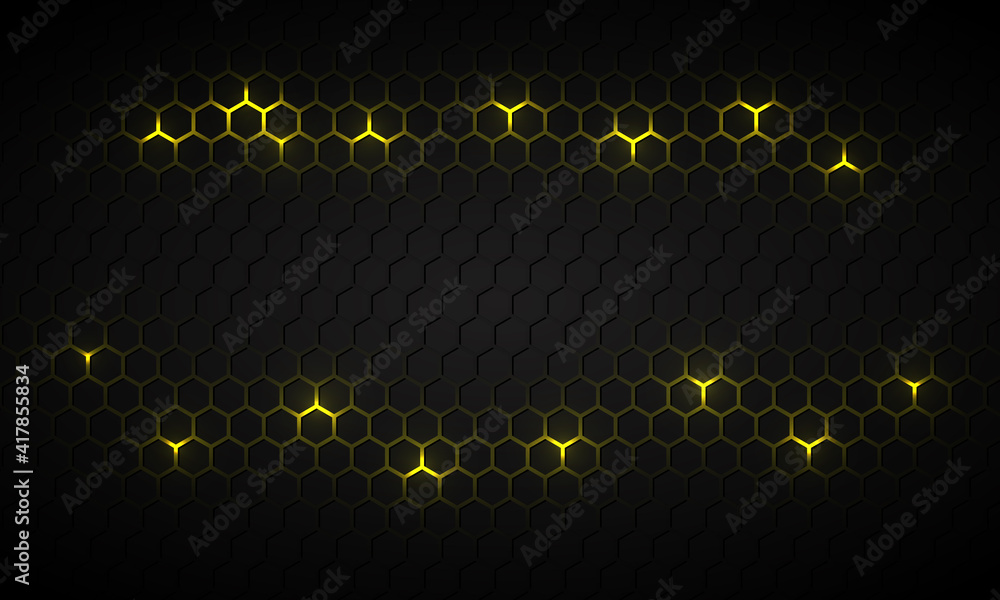 Poster Black hexagonal technology abstract vector background with yellow bright energy flashes under hexagon. Dark honeycomb texture grid in tech futuristic background.
