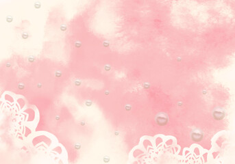 レトロローズの水彩グラデーションに白いレースの花と真珠の雨粒・抽象背景イラスト