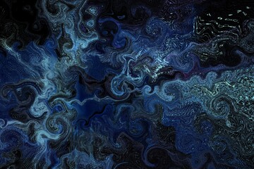 patterns and turbulence designs in 3D style of a exploding surface in shades of blue on a black background
