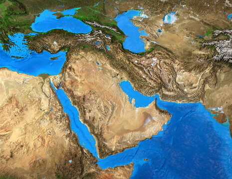Fototapeta Physical map of Middle East. Geography of Arabian Peninsula. Detailed flat view of the Planet Earth and its landforms. 3D illustration - Elements of this image furnished by NASA