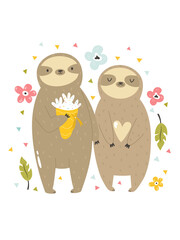 Funny illustration of two sloths in love.