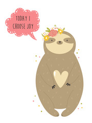 Funny sloth girl in a flower wreath. Vector illustration of a cute animal