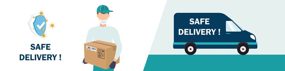 Safe delivery. Delivery by truck. A courier wearing a medical mask delivers a parcel to quarantine. Safe delivery concept with social distance. Vector illustration