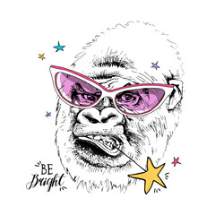 Funny Gorilla in a pink glasses and with a star. Be bright - lettering quote. Humor card, t-shirt composition, hand drawn style print. Vector illustration.