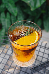 Top view of Americano Coffee with Orange Juice on Natural Background