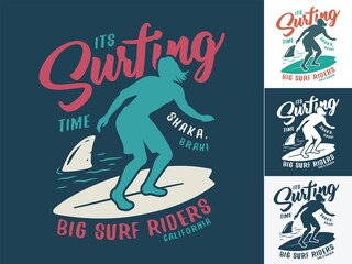 Print set of surfing board, man and shark on a wave. Hawaii emblem for t-shirt design