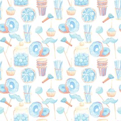 Pattern with birthday party attributes donuts, cocktail tubes, pipe, paper cups, cupcake, false moustache and lips, candy